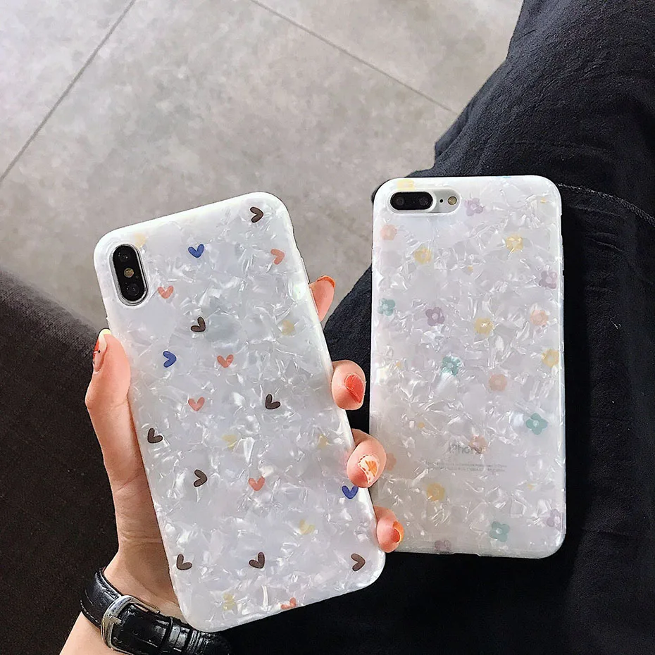 translucent case for iphone x xsmax compatible iPhone 7 7Plus 8Plus 6 6splus 8 XR cover soft TPU hearts shell pattern flowers |