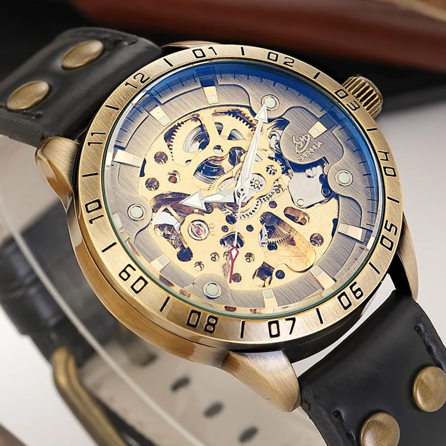 SHENHUA Antique Design Automatic Skeleton Mechanical Watch Vintage Bronze Leather Men's Wristwatch Skeleton Steampunk Clock Male