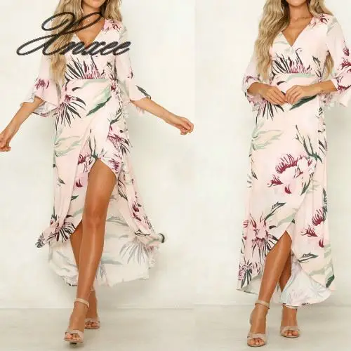 Женские летние цветочные Boho с оборками рукавом v-образным вырезом пляжные платья с узкой талией Длинные Сарафаны