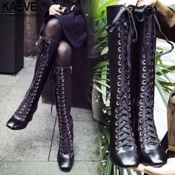

Women Winter New Fashion Lace-up Leather Knee High chunky heel Boots Black Zipper-up Long riding boots High Quality Warm Boots