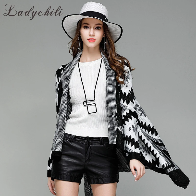 

Ladychili Women Clothing Black White Casual Lace Up Crop Top Cardigan Long Caedigan Sweater Plaid Knitted Outwear Coat S30
