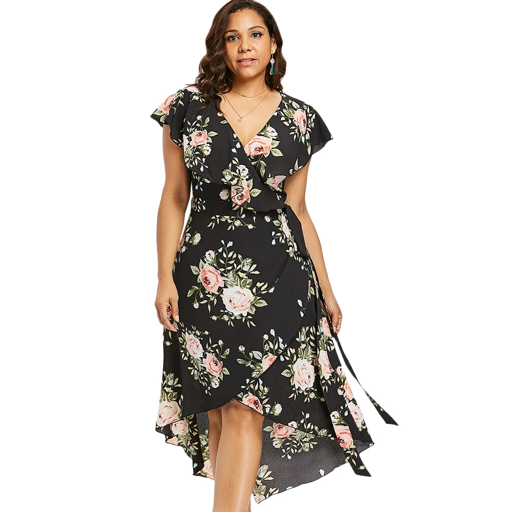 Wipalo Plus Size Shawl Collar Floral High Low Dress Women Dresses