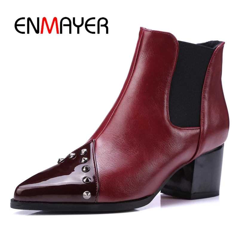 

ENMAYER New Arrival Pointed toe Square heel shoes Women colorblock Rivet cool girl Slip-on boots Big Size34-43 ZYL122