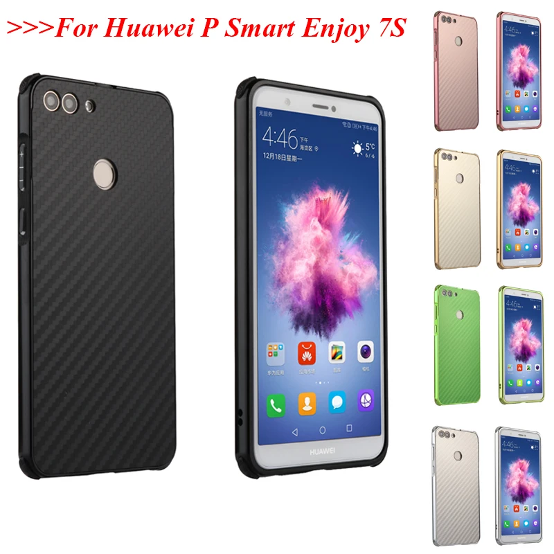 

For Huawei P Smart Case Aluminum Metal Frame+Carbon Fiber Hard Back Cover Case for Huawei Enjoy 7S Shockproof Phone Shell 5.65''