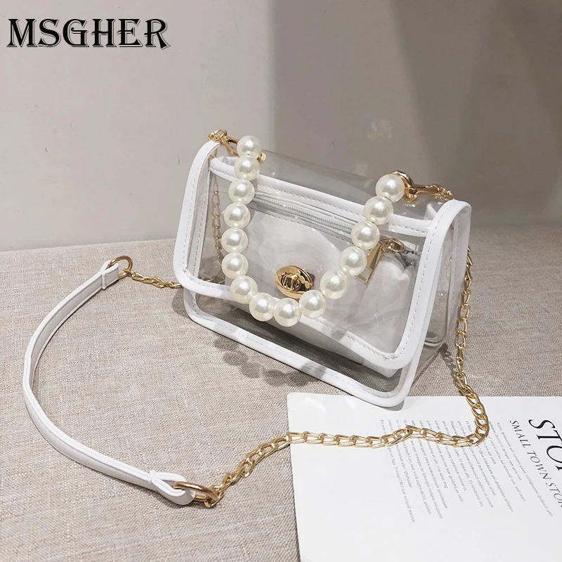 

MSGHER Transparent Pearl Messenger Bags Women Luxury Brand Designer Chain Ladies Shoulder Bags Solid PVC Clear Female Handbag