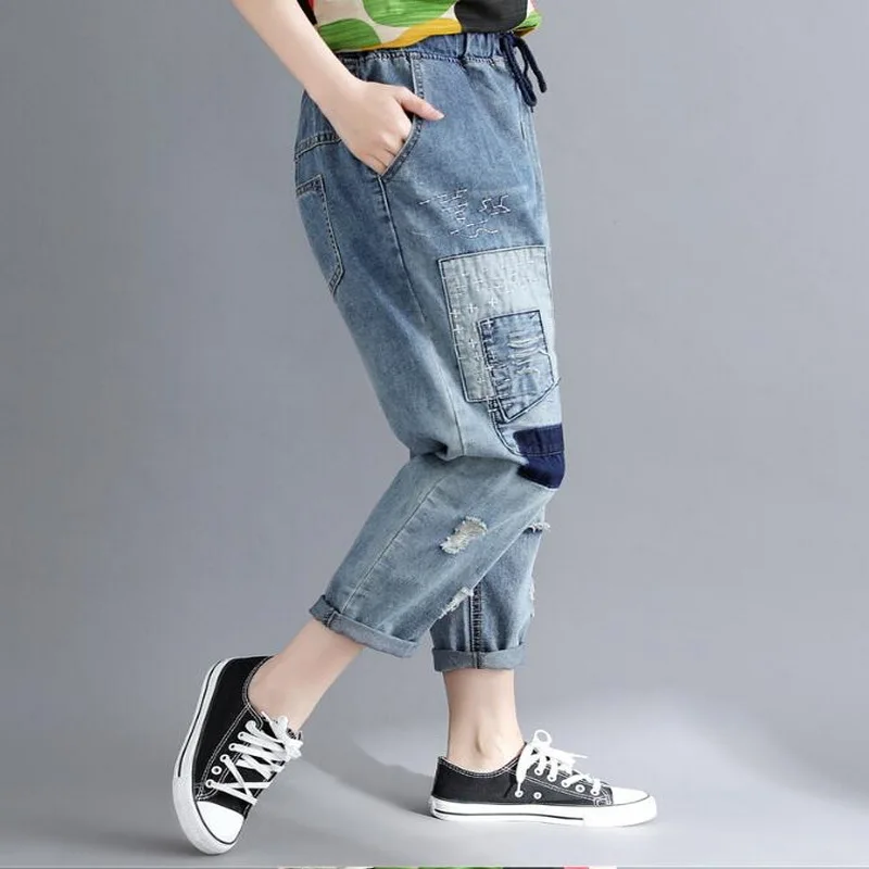 

VXO 2019 Women Loose Embroidered Jeans Ankle-Length Jeans Harem Pants Vintage Ripped Elastic waist patch Jeans