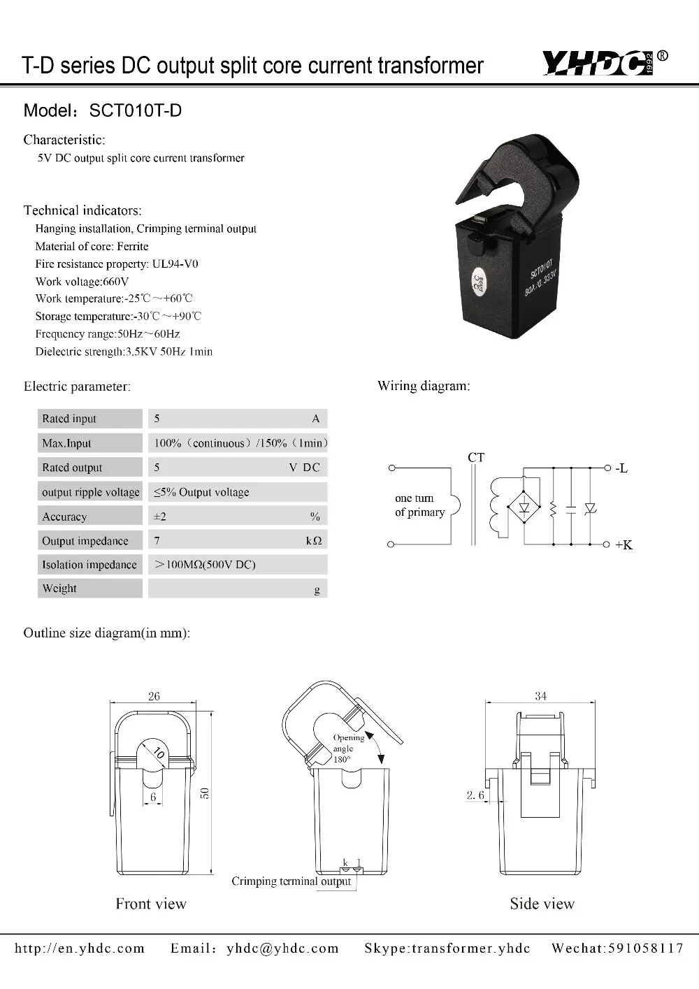 YHDC SCT010T-D AC Вход 0-5A, DC Выход 0-5V Разделение сердечника настоящие Сенсор трансформатор переменного тока в переменного тока, 50-60 Гц