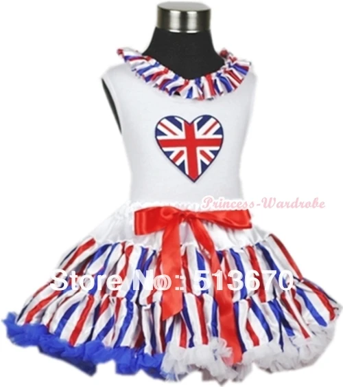 

White Tank Top Red White Blue Stripe Lacing & British Heart Print With Red White Royal Blue Striped Pettiskirt MAMG610