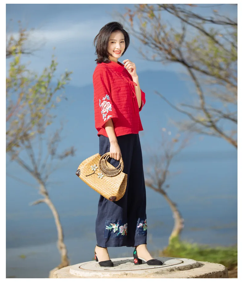 ZJN Women Tunic Blouse 2019 Spring Summer Basic Shirt Chinese Style Turtleneck 34 Sleeve Ladies Red Embroidery Sweatshirt Tops (11)