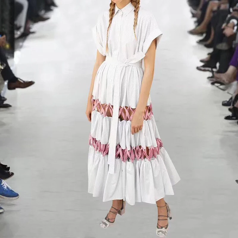 

2019 Runway High Waist Hollow Out Patchwork Sashes White Woman Maxi Dress Short Sleeve Single Button Long Dresses