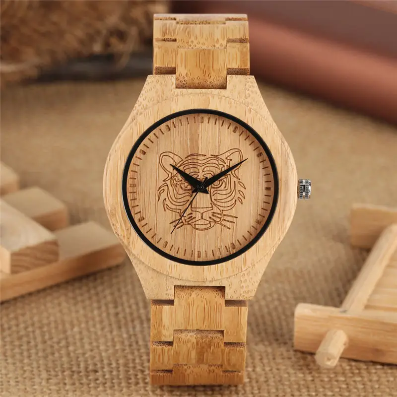 REVIEW TOP SELLER  Natural Bamboo Watch Quartz Analog Tiger Head Figure Carving Full Wood Couple Watches Men Women Uni