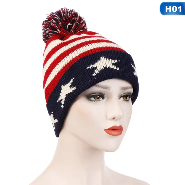 Fashion Winter Pom Poms Ball USA American British Flag Knitted Cap Knit