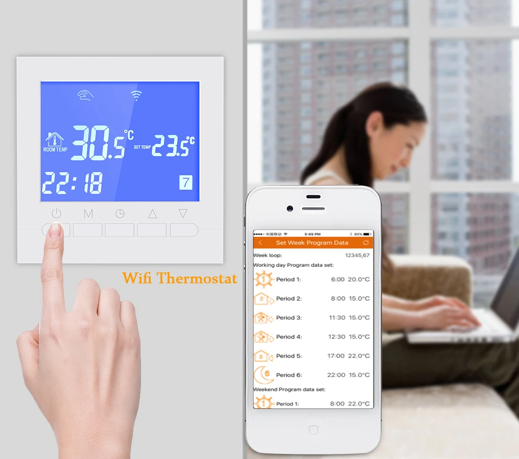 Wifi Thermostat for Electric Heating Controlled by IOS and Android Smart Phone Programmable WIFI Temperature Controller touchscreen programmable wifi thermostat for four pipe fan coil unit controlled by android ios smart phone in home or abroad