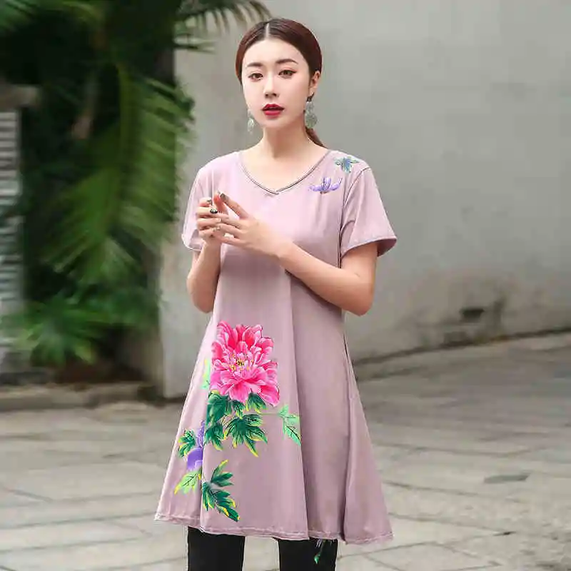 

2019 Summer Women Chinese style Peony Hand Painted cotton long t shirt Plus Size loose fit comfortable tees big size tops XXXXL