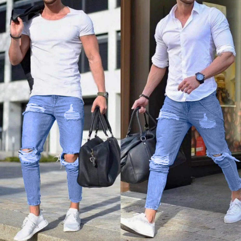 Mens Casual Skinny Jeans Pants Mens Stretchy Ripped Skinny Biker Jeans Destroyed Taped Slim Fit Denim Pants Youth MenZ0401