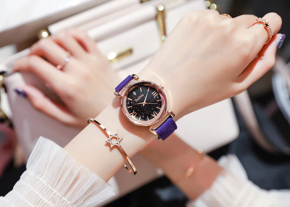 Роскошные женские часы из розового золота модные женские наручные часы с цветком поверхность звездное небо циферблат римская цифра подарок часы Прямая