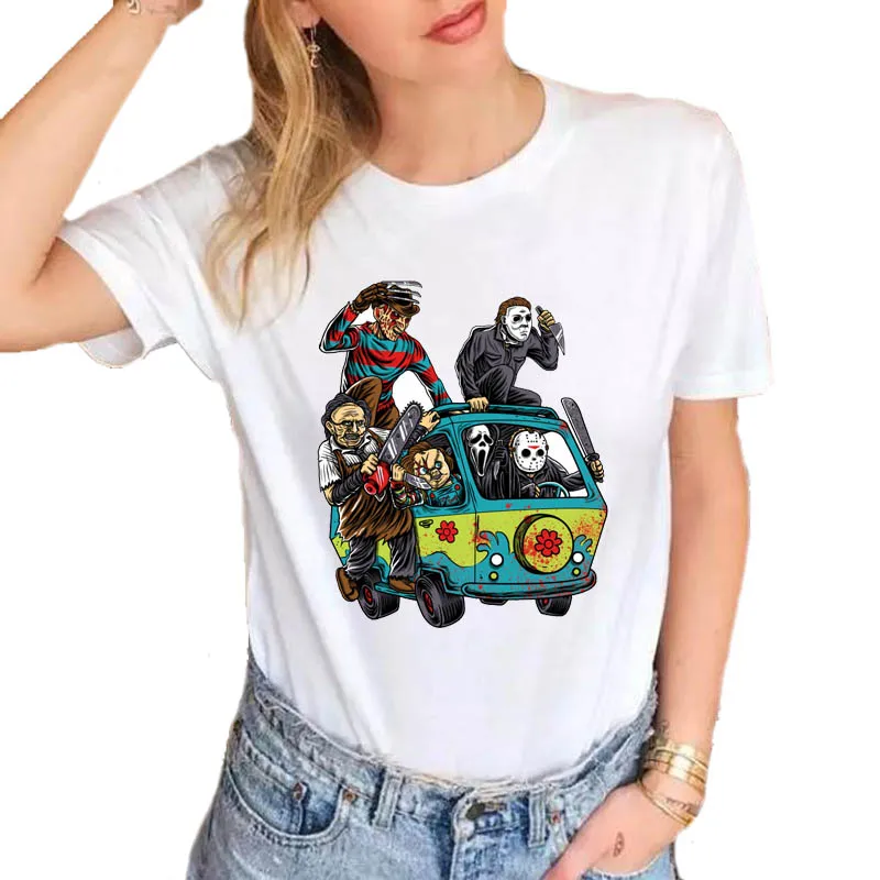 

New Summer Horror Movie The Massacre Machine female T-shirt harajuku Printed T-shirts for women Soft Cotton White Tops S1346
