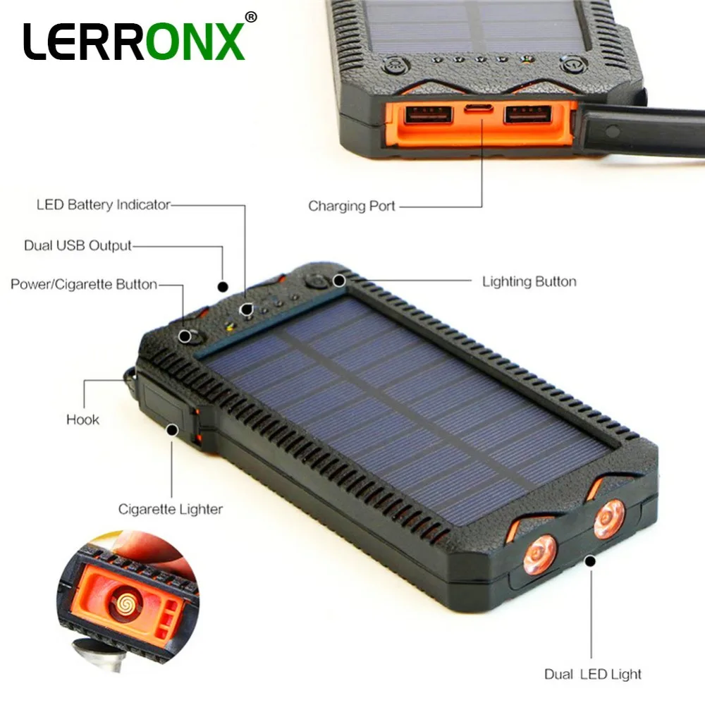 Портативное зарядное устройство на солнечной энергии 20000 мАч, зарядное устройство на солнечной батарее с прикуривателем, двойная фара для