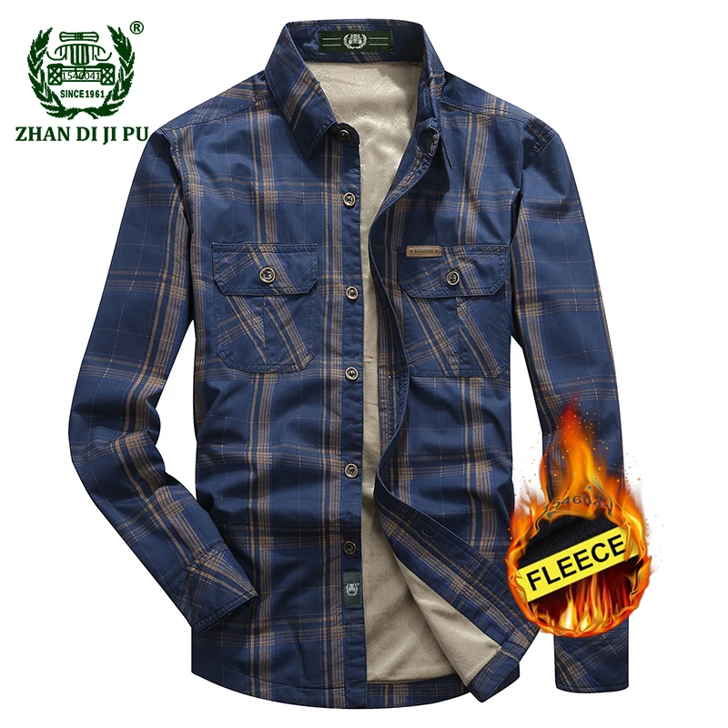 Vente 2018 Hommes hiver épaissir kaki de plaid longue chemise homme casual marque 100% coton grande taille afs jeep armée vert grille polaire chemises