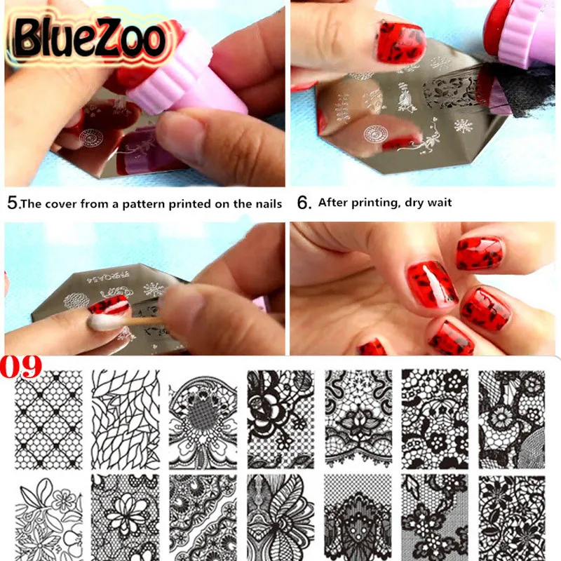 

BlueZoo 10pcs/pack Nail Rectangular Stencil Printing Stickers Lace Nail Art Sticker Beauty Nail Decal Nail Template Stickers