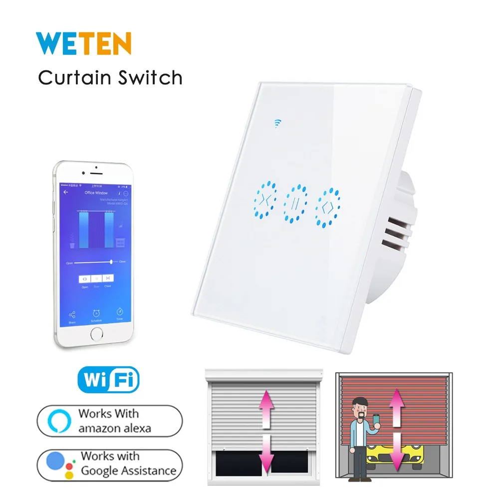

Wifi Curtain Touch Switch Mobile APP Voice Control with Alexa Google Home EU UK White Glass Panel Smart Eletric Curtain Switch