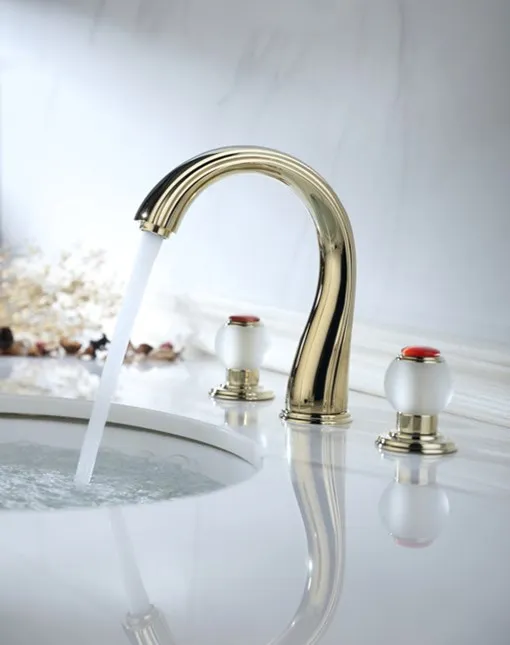 

Golden 8" Widespread Ceramic Valve Three Holes 3 Sets lavatory Bathroom Sink Faucet Mixer tap Frosted crystal handles New