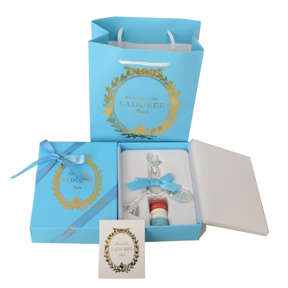 KC2017 сплав посеребренный большой Макарон Торт Effiel башня Брелок Мода брелок для ключей подарки ж/упаковка подарочной коробки - Цвет: Blue box ribbon bag
