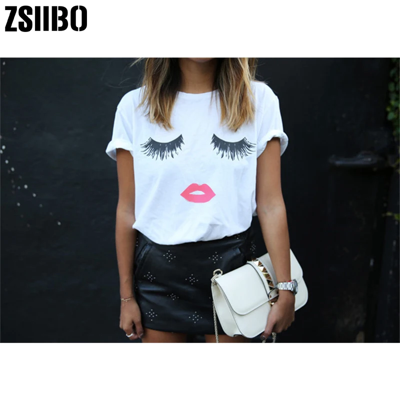 

ZSIIBO 2019 Eyelashes Fashion Trendy Print White Black Polyester T-shirts women summer women's shirt S-2XL