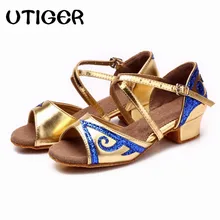 UTIGER/детская обувь для бальных танцев для девочек; обувь для латинских танцев; сатиновая обувь для самбы и Чача Румба; Современная танцевальная обувь на низком каблуке 3,5 см; сандалии для сальсы