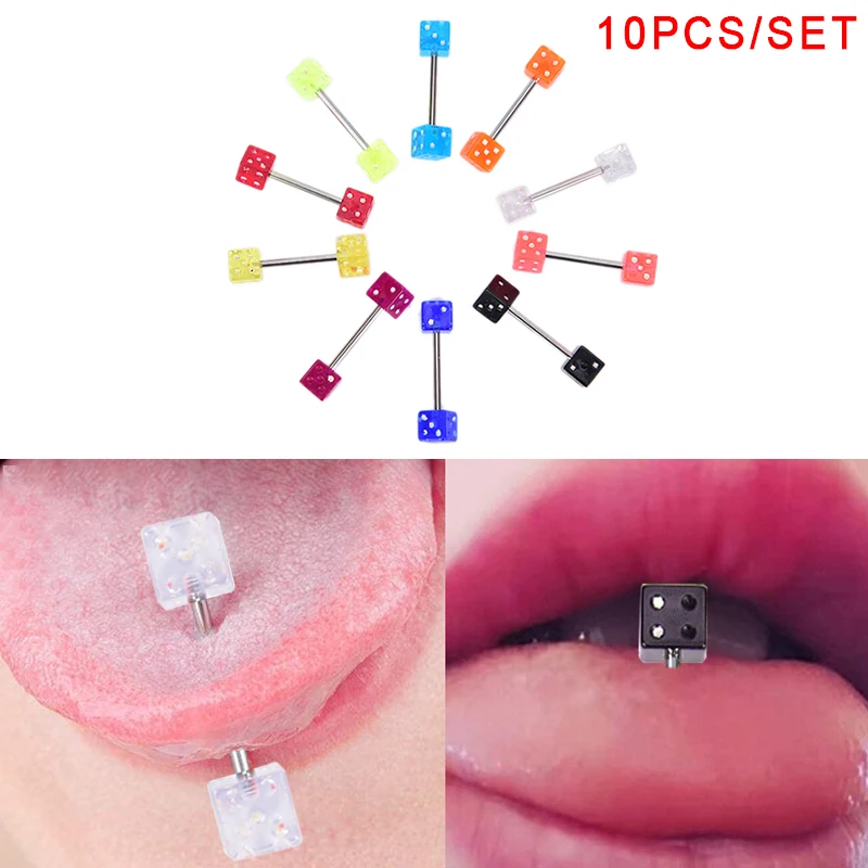 

10Pcs/Set Fashion 316L Surgical Steel Acrylic Tongue Piercings Mix Dice Tounge Rings Bars Barbell Tongue Piercing Body Jewelry