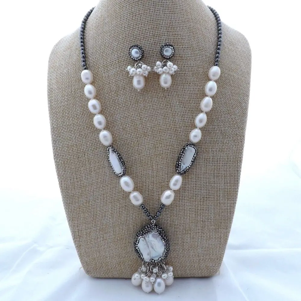 

K112202 21"White Rice Pearl Biwa Pearl Hematite Necklace Earrings Set