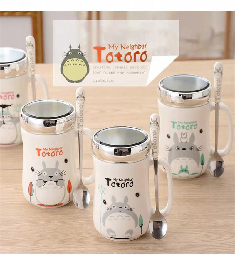 450ml Doraemon Ceramic Coffee Mugs with Mirror Lid and Spoon Cute Totoro Tea Cup Milk Mug for Women Girls Student Teen