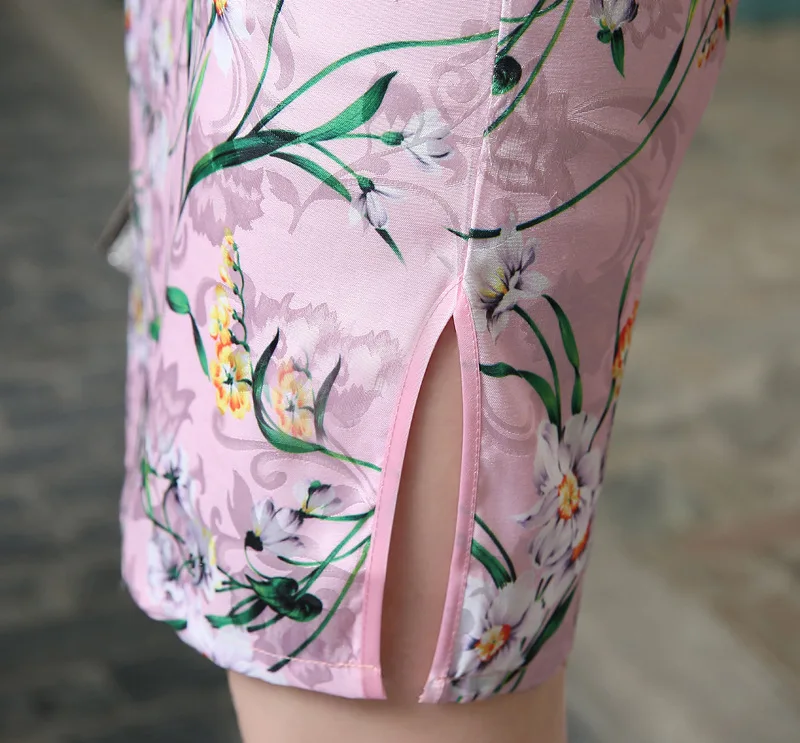 New Satin Women's Traditional Chinese Cheongsam Dresses Vestido Printing Stand Collar Short Sleeve Silk Plus Size 4XL (5)