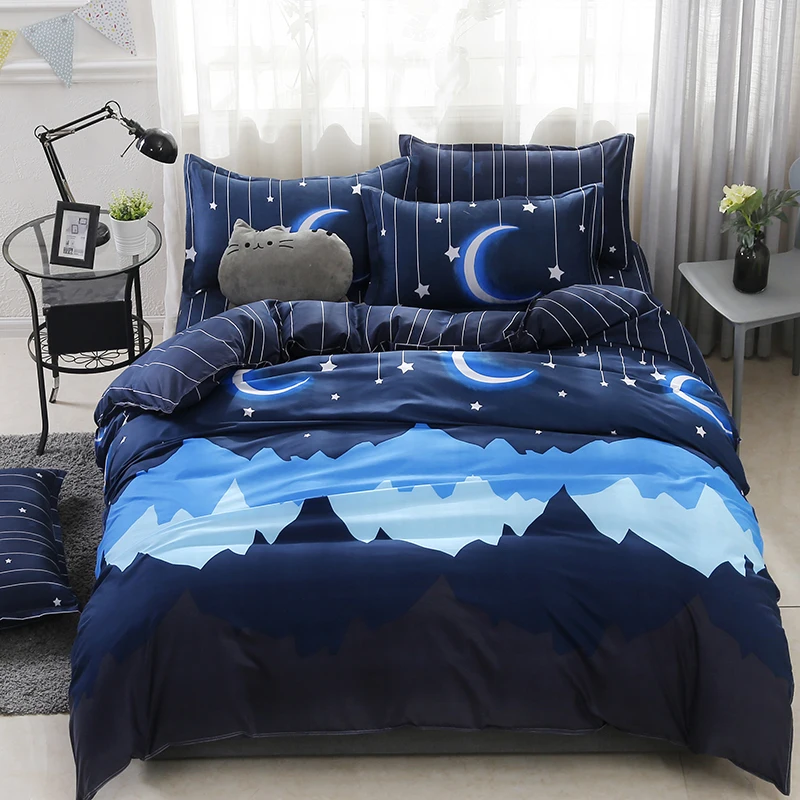 Blue Night Starry Sky Skin-friendly Children Comforter Set | Soft Star Bed Sheets Sets for Children