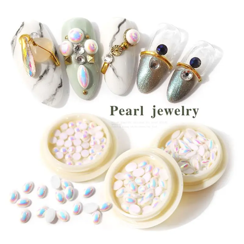 

1Bottle 7 Styles Nail Jewelry Diamonds Shaped Pearl Plating AB Starfish Nail Charms Semi-circular Flat Bottom