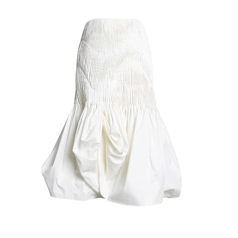 Runway Designer Women White Black Mermaid Skirt Elegant High Waist Irregular Pleated Skirt Vintage Summer Slim Casual Skirt - Color: White