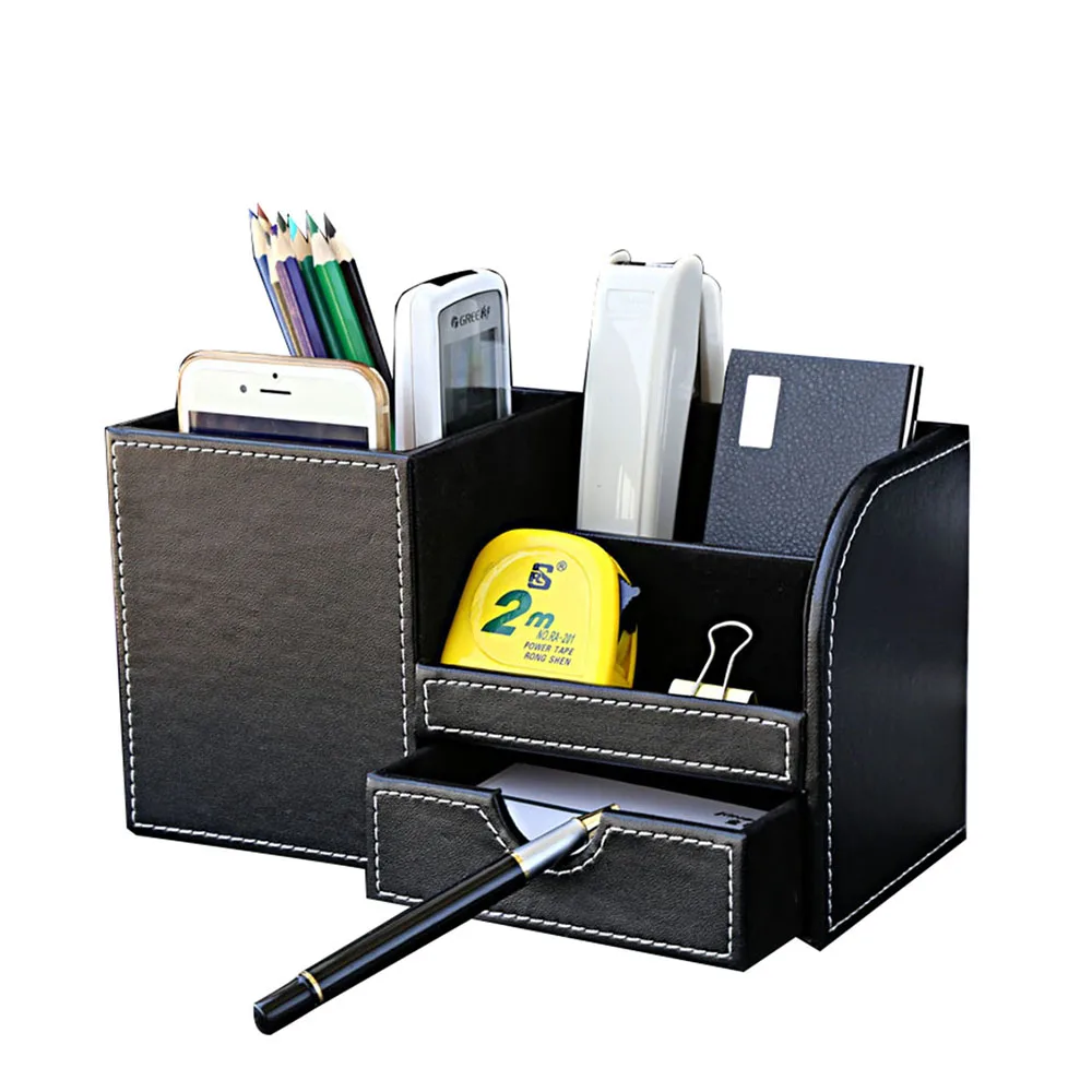  Pen Pencil Holder Box Full Half PU Leather Case Desk Stationery Organizer Storage Box Desk Accessor