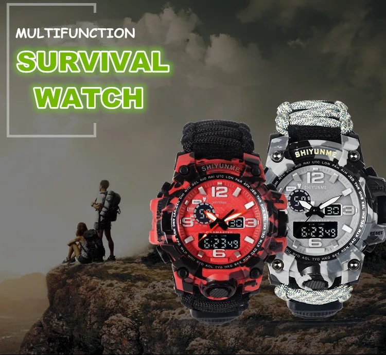 EDC Outdoor Survival Paracord Watch Waterproof Emergency Gear Camping Paracord Bracelet Knife Compass Whistle Thermometer