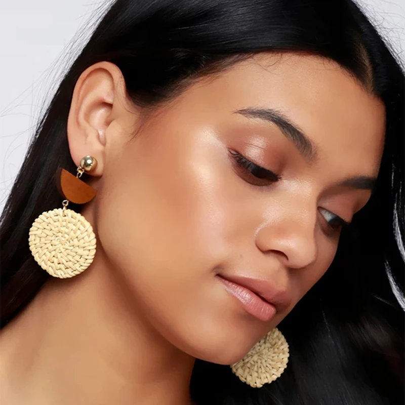 

Trendy Handmade Wooden Rattan Straw Weave Drop Earrings For Women Girl Fashion Casual Geometric Round Dangle Earring Jewelry