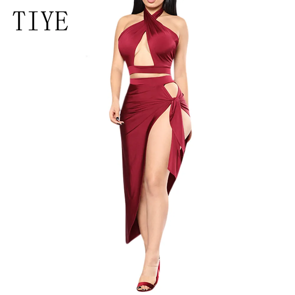 

TIYE Summer Sleeveless Hollow Out Halter Dress Sexy High Split Off Shoulder Dress Women Asymmetrical High Waist Party Vestidos