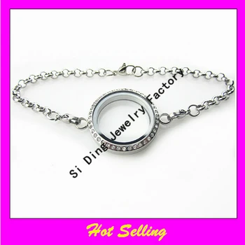 

Hot selling 316L stainless steel twist linking floating charm locket bracelet silver screw open with crystals glass locket 30mm