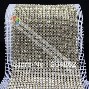 

10yards 24 row Sew on rhinestone mesh trim SS20 crystal Gold Sliver base White fabric mesh For Wedding Cake Dress Decoration