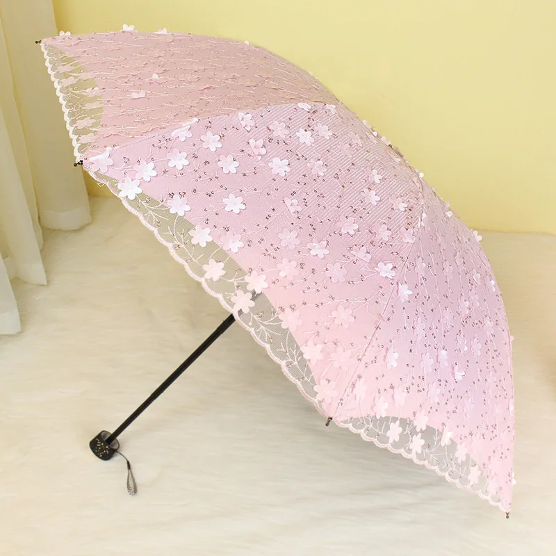 

Double lace parasol Embroidery sunny and rainy sun protection uv umbrella Double umbrella cloth with three folds 3D embroidery