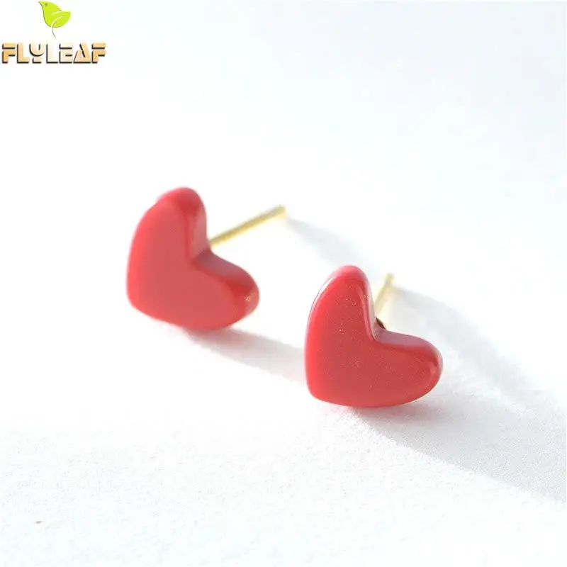 

Flyleaf 100% 925 Sterling Silver Red Heart Simple Stud Earrings For Women Minimalism Fashion Party Jewelry