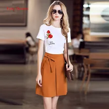 Fairy Dreams 2 Piece Set For Women Flowers Embroidery Pockect White T Shirt Crop Top And Skirt 2017 Summer Suit Casual Clothing