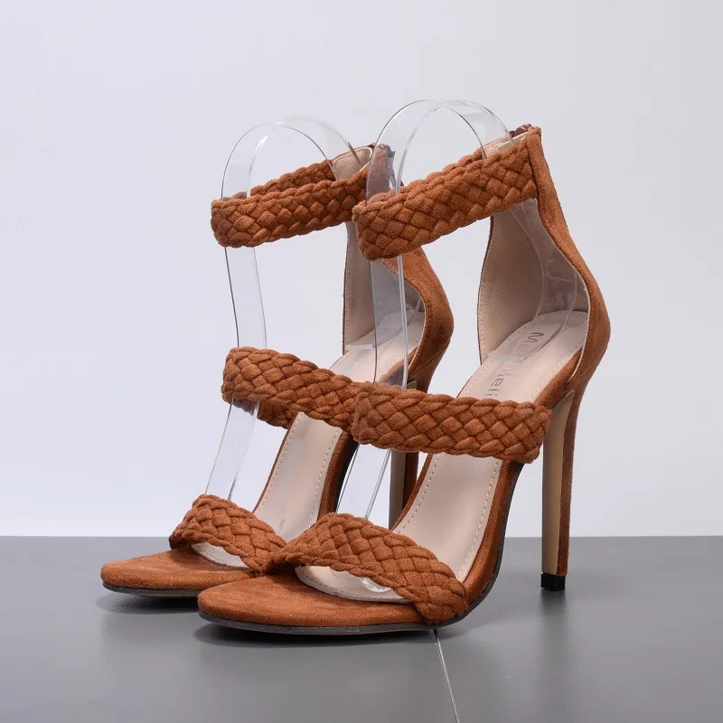 

2018 new Rome style hand-woven belt brown high heels fine with women's shoes.