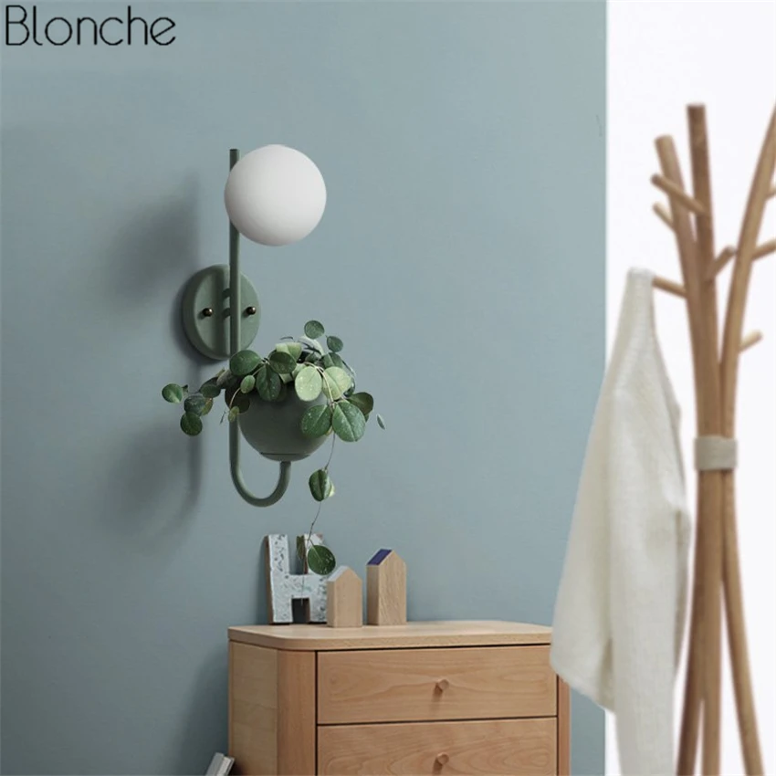  Nordic Macarons Plants Wall Lamp with Flowers Pot Glass Ball Lampshade Wall Sconce for Living Room  - 32893299204