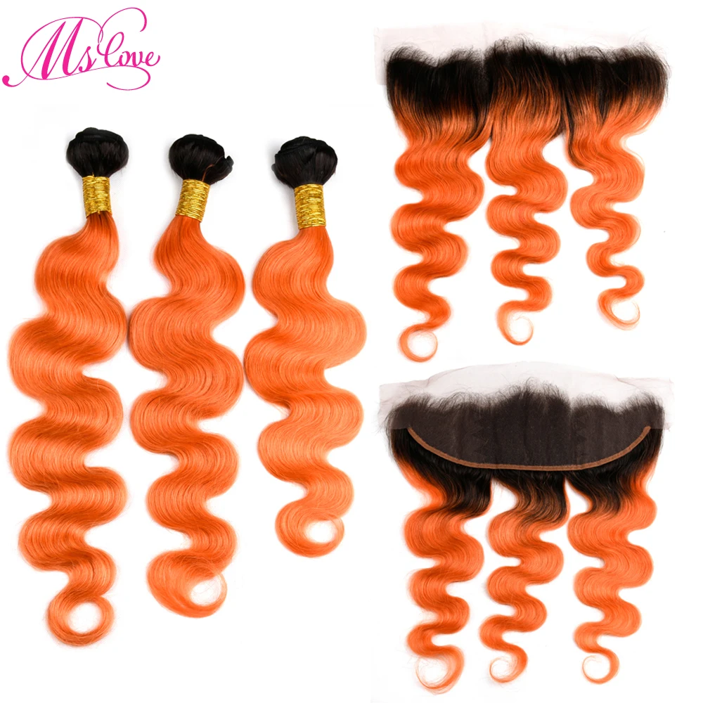 Orange Bundles With Closure Body Wave Ombre Orange Frontal With Bundles