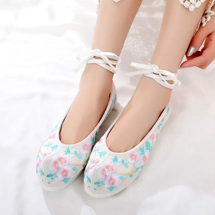

PXELENA Sweet Women Flat Mary Janes Shoes Strappy Cotton Embroider Floral Ballerina Shoes Girls Ethnic White Pink Blue 2019 Hot
