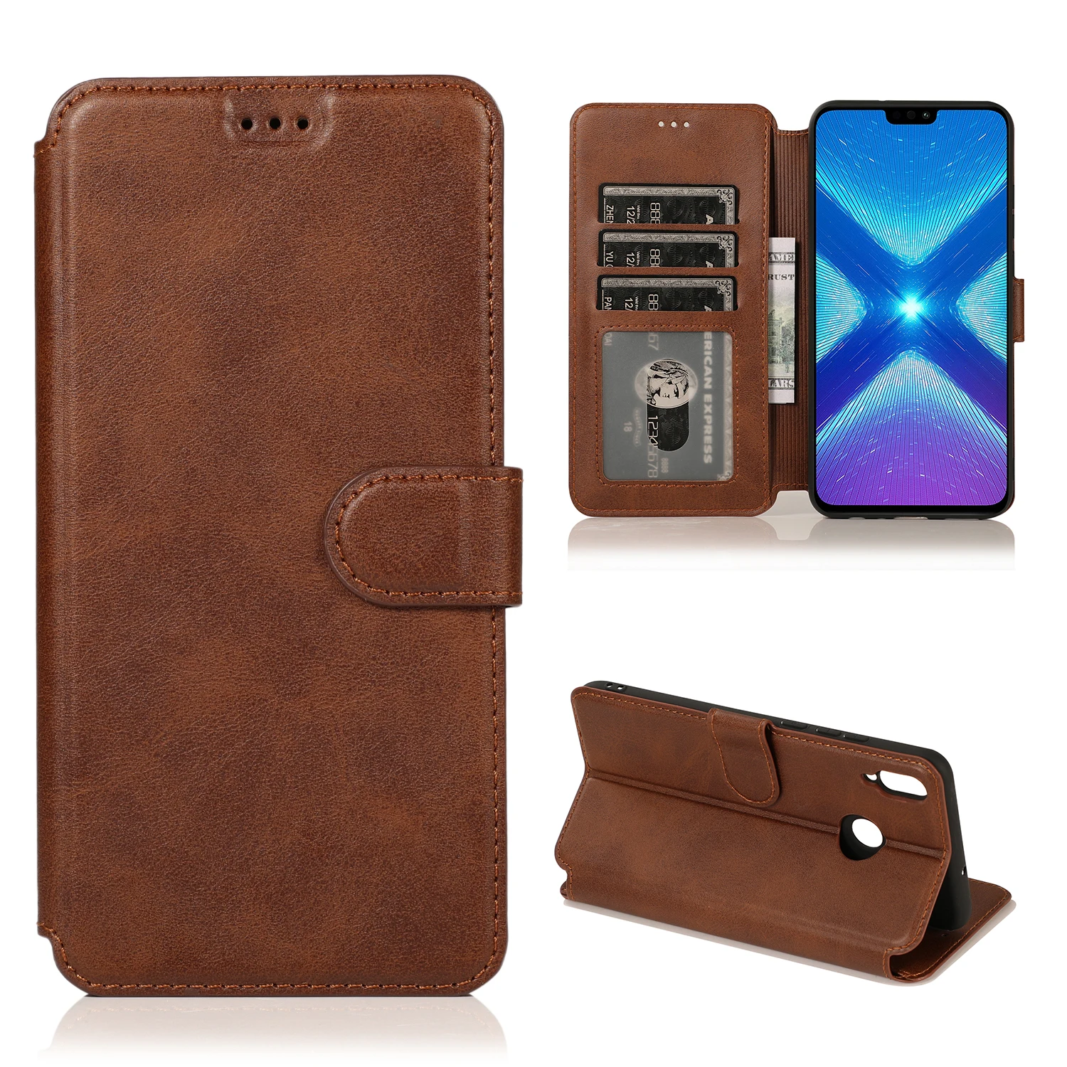 

For Huawei Honor 8X 8C 20 8A Luxury Wallet Vintage Plain Leather Case For Honor 10 Lite Back Cover Mobile Phone Bag